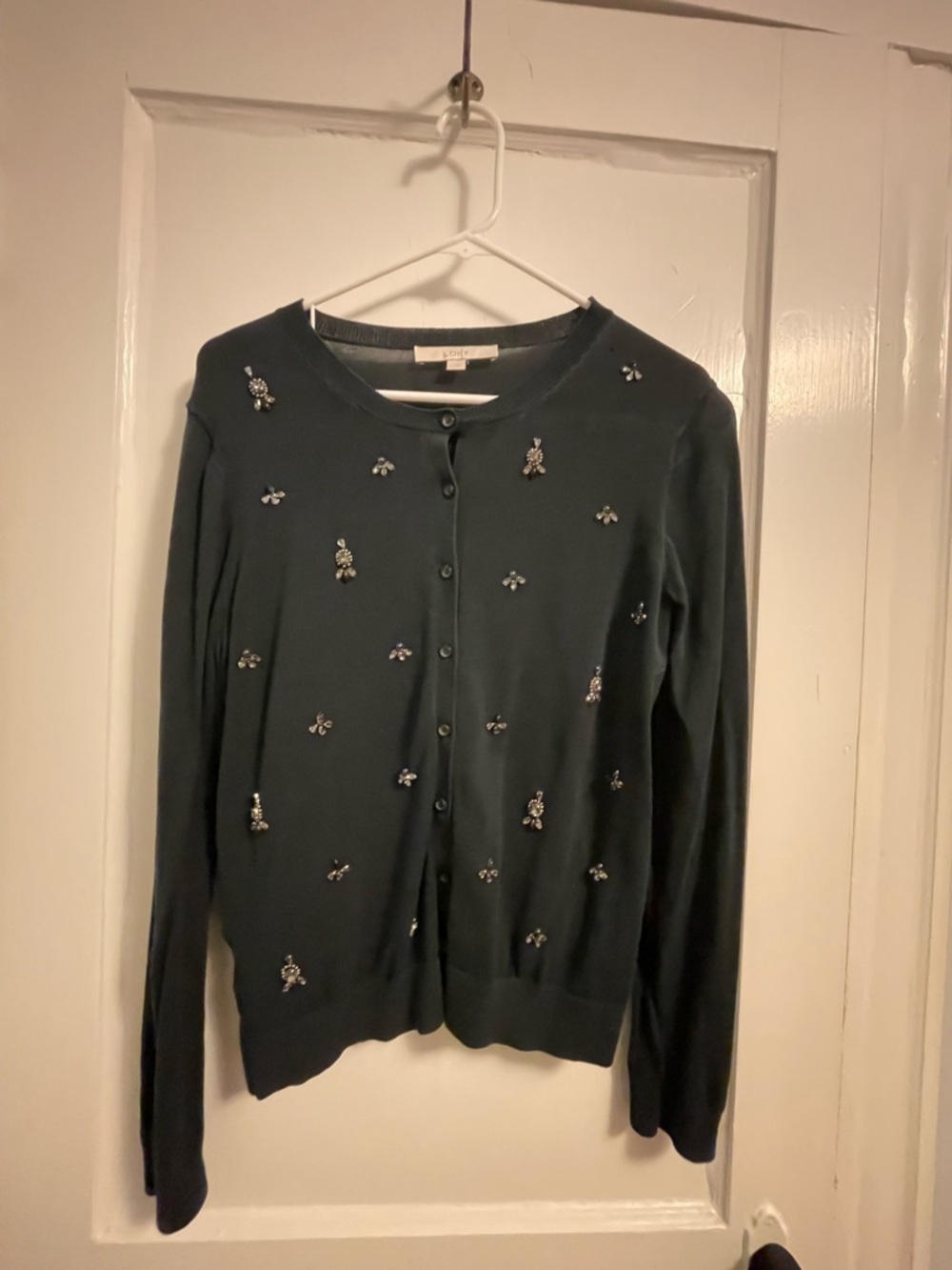 LOFT Dark Green Embellished Button-Front Cardigan